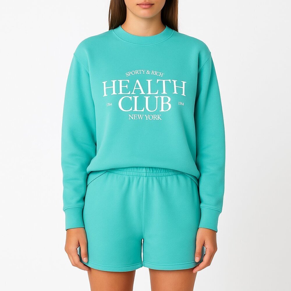 Sporty & Rich Health Club Sweatshirt Teal Green Pullover Logo Size L